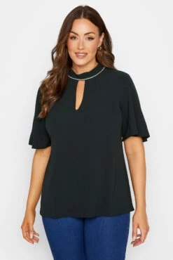 M&Co Black Embellished Neck Keyhole Blouse