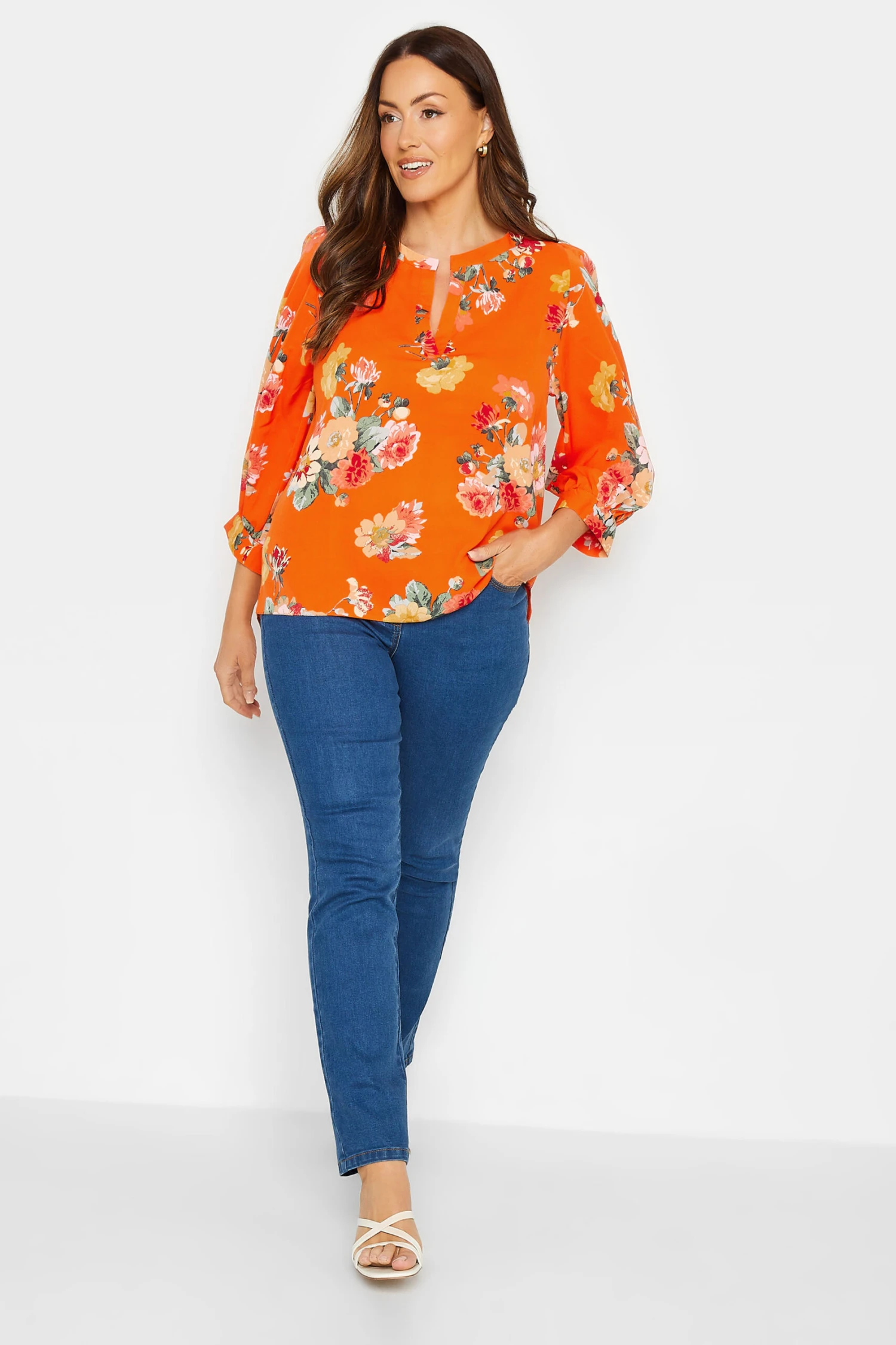 M&Co Orange Floral 3/4 Sleeve Blouse 2 M&Co Orange Floral 3/4 Sleeve Blouse - Image 2