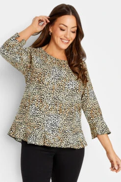M&Co Brown Animal Print Cotton Frill Hem Top