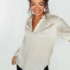 M&Co Cream Satin V-Neck Blouse