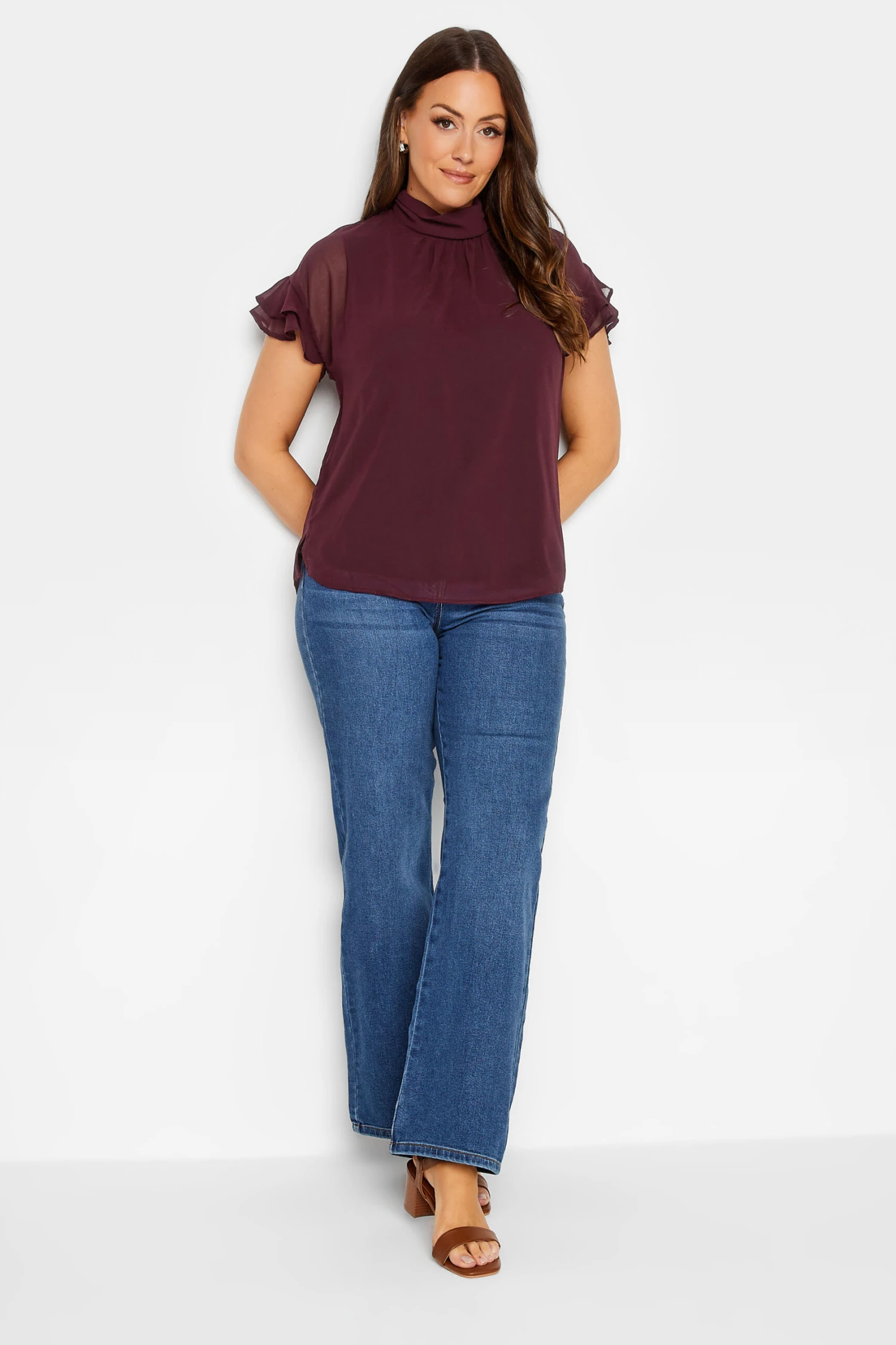 M&Co Dark Red High Neck Frill Sleeve Blouse 2 M&Co Dark Red High Neck Frill Sleeve Blouse - Image 2