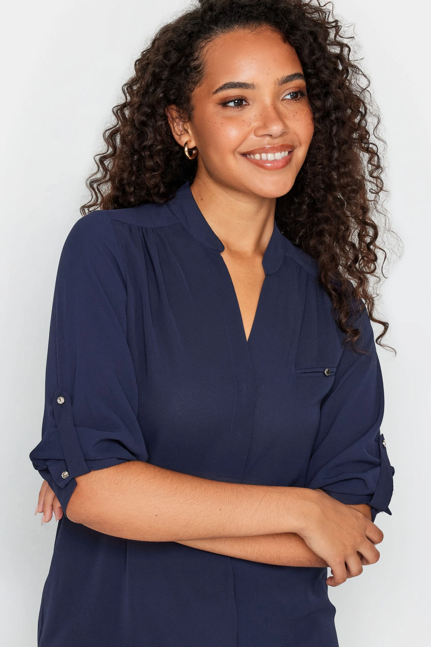 M&Co Navy Blue Tab Sleeve Blouse 4 M&Co Navy Blue Tab Sleeve Blouse - Image 4