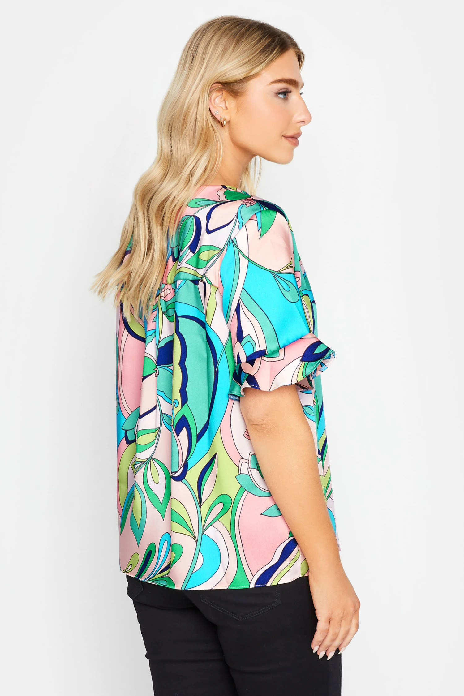 M&Co Blue Geometric Print Satin Blouse 3 M&Co Blue Geometric Print Satin Blouse - Image 3