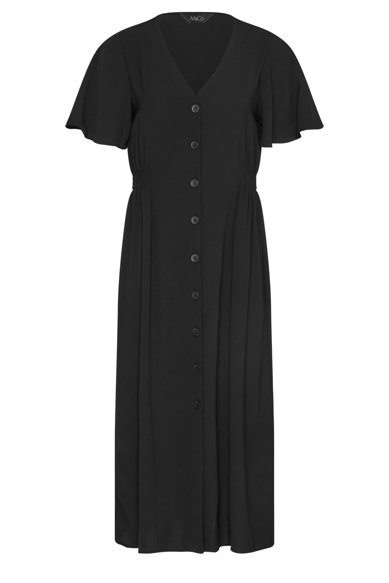 M&Co Black Shirred Waist Button Through Midi Dress 6 M&Co Black Shirred Waist Button Through Midi Dress - Image 6