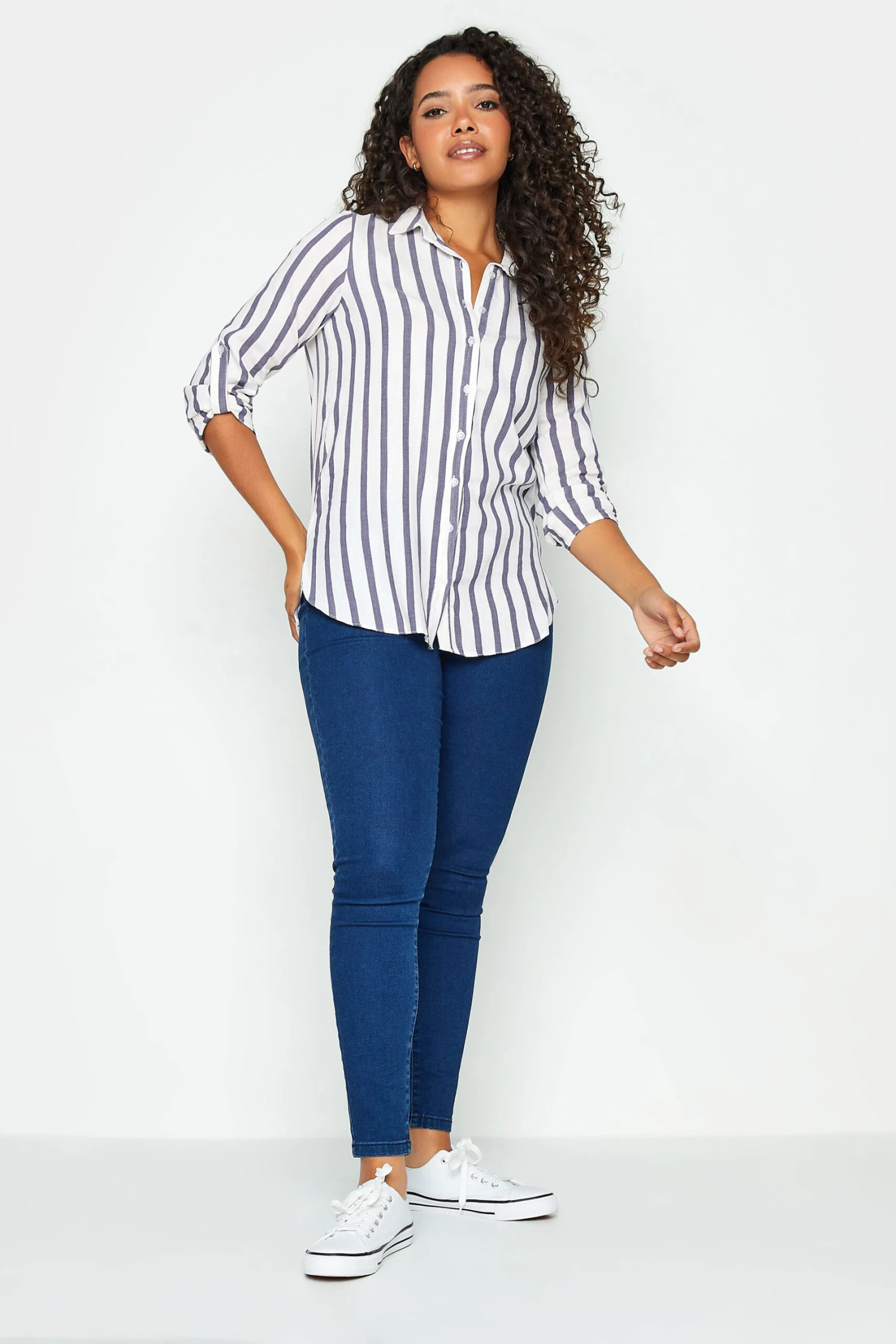 M&Co White Stripe Tab Sleeve Shirt 2 M&Co White Stripe Tab Sleeve Shirt - Image 2