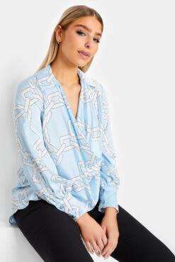M&Co Blue Chain Print Cowl Neck Satin Blouse