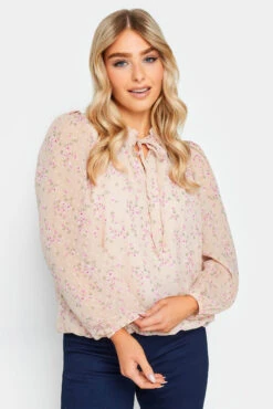 M&Co Pink Floral Print Tie Neck Blouse