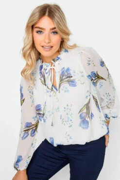 M&Co White Floral Print Tie Neck Blouse