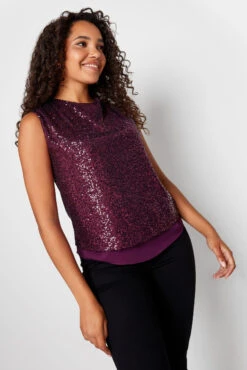 M&Co Dark Purple Sequin Tie Back Top