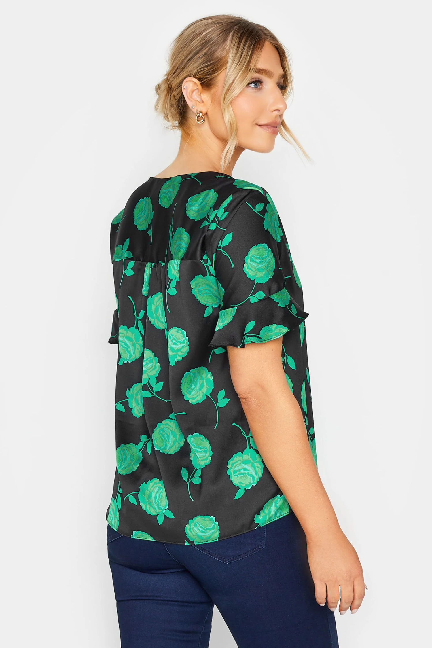 M&Co Black & Green Floral Print Frill Sleeve Blouse 3 M&Co Black & Green Floral Print Frill Sleeve Blouse - Image 3