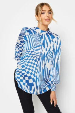M&Co Blue Abstract Print High Neck Satin Blouse