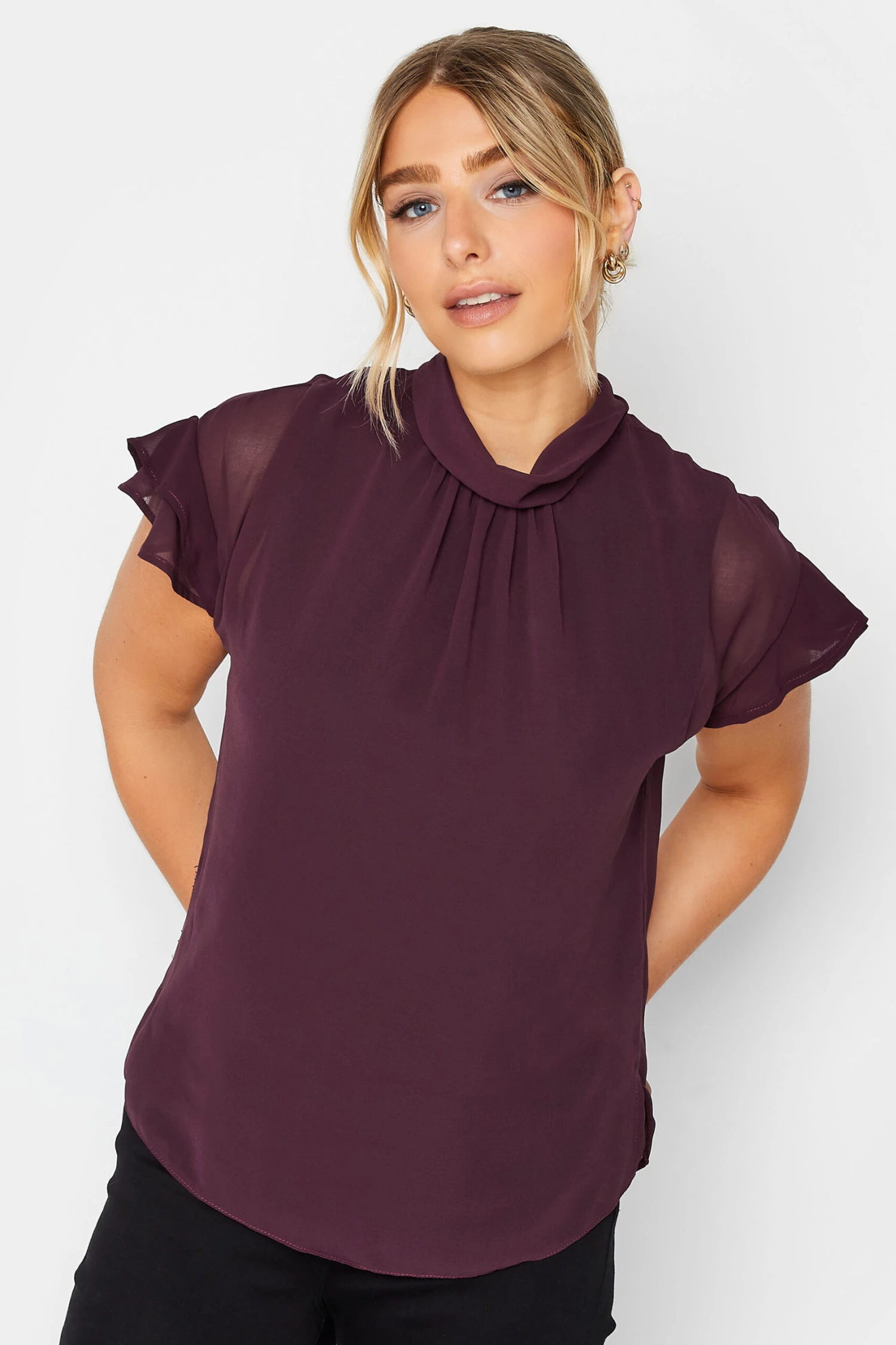M&Co Dark Purple High Neck Frill Sleeve Blouse 1 M&Co Dark Purple High Neck Frill Sleeve Blouse