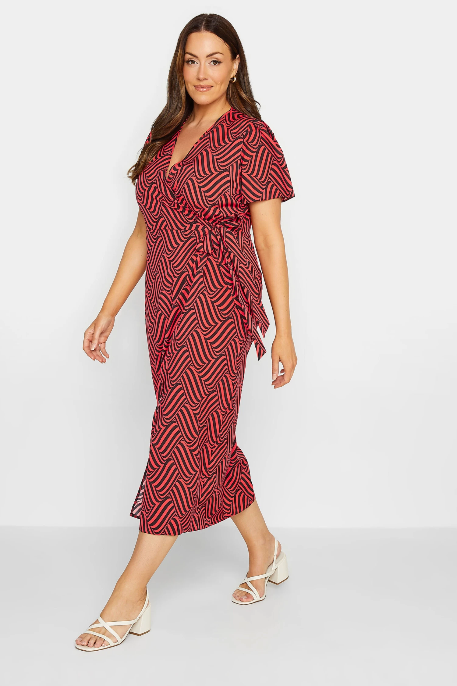 M&Co Red Abstract Stripe Wrap Dress 1 M&Co Red Abstract Stripe Wrap Dress