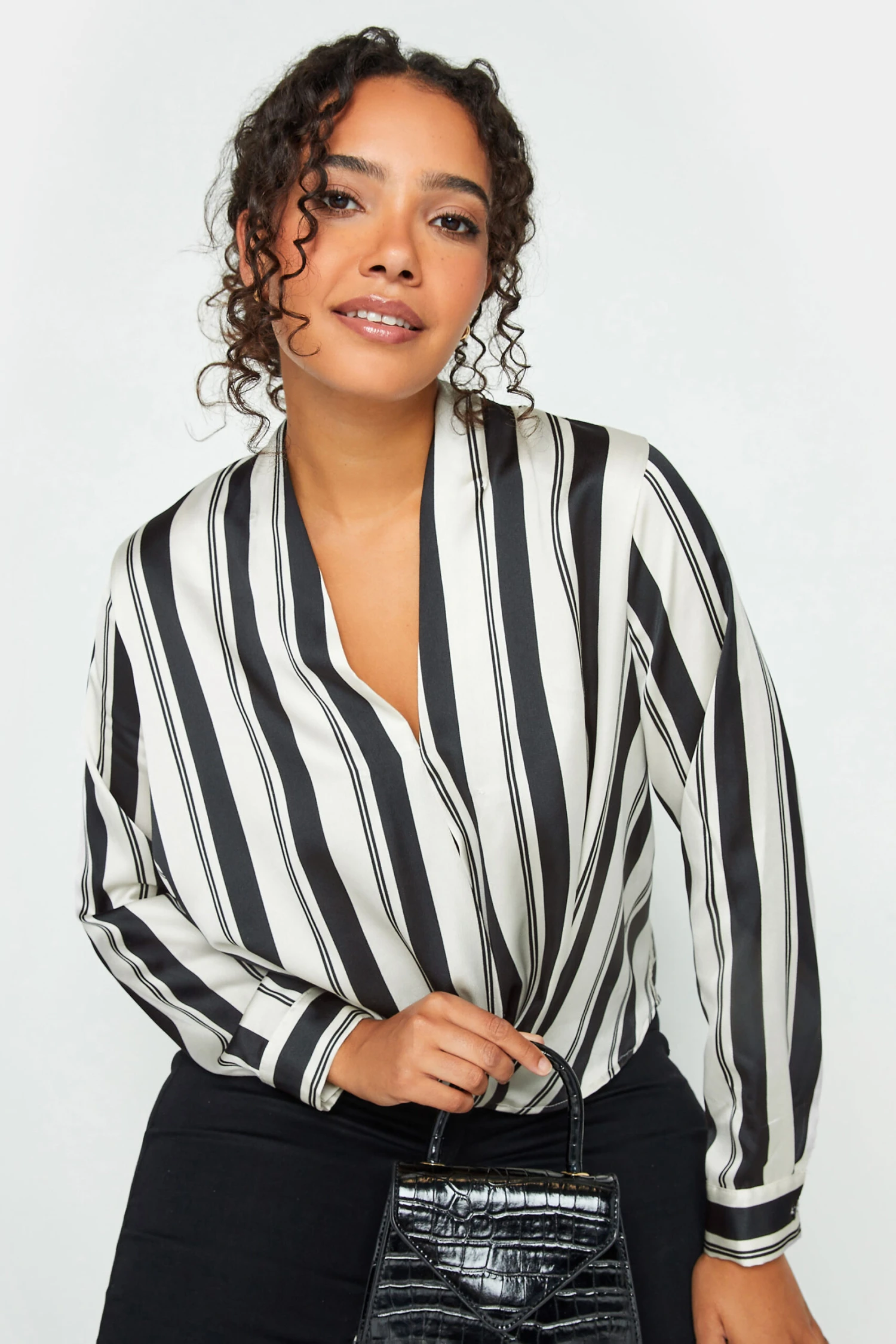 M&Co Black Stripe Print Wrap Front Blouse 4 M&Co Black Stripe Print Wrap Front Blouse - Image 4