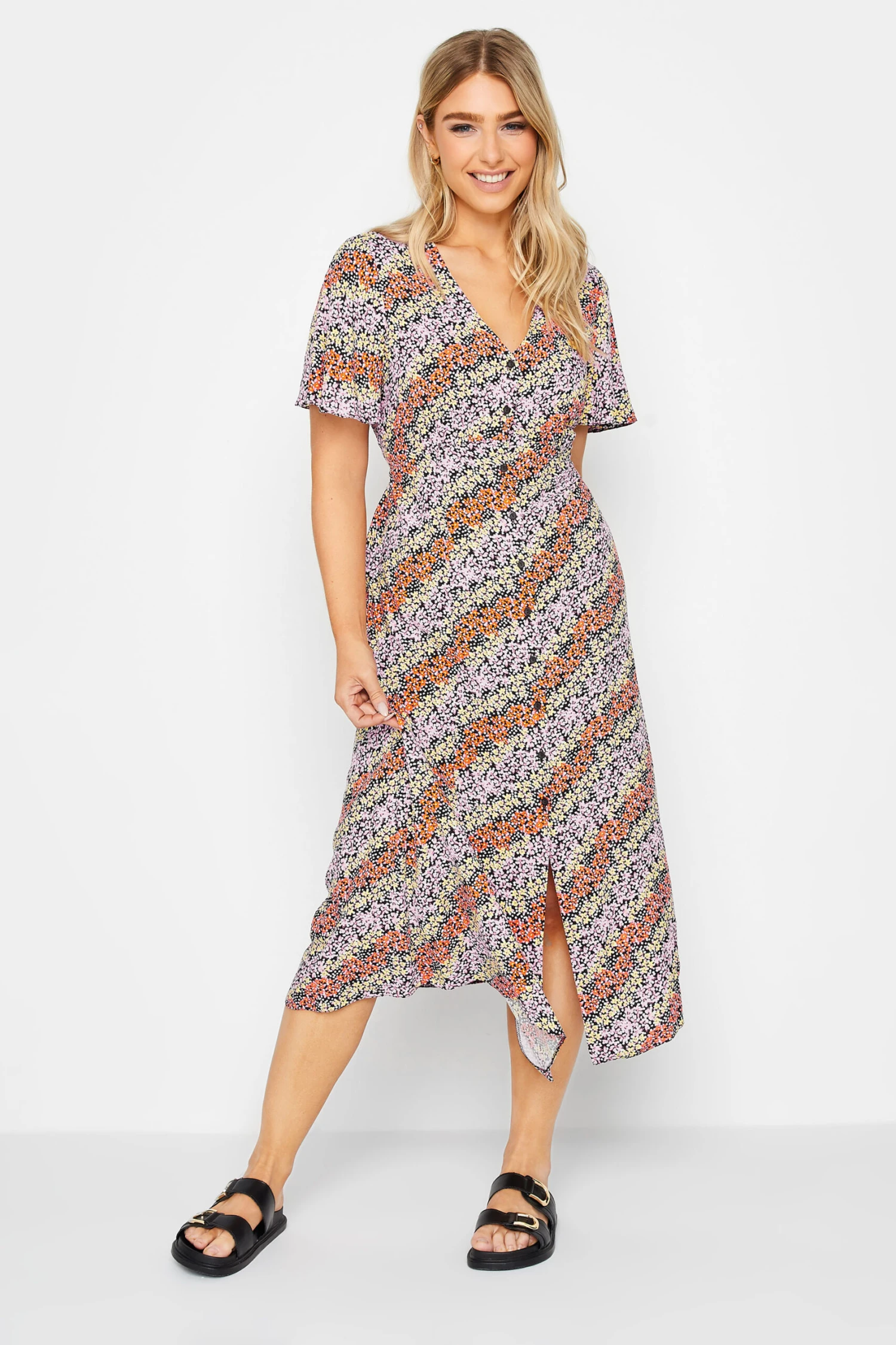 M&Co Orange Ditsy Floral Print Midi Button Through Tea Dress 2 M&Co Orange Ditsy Floral Print Midi Button Through Tea Dress - Image 2