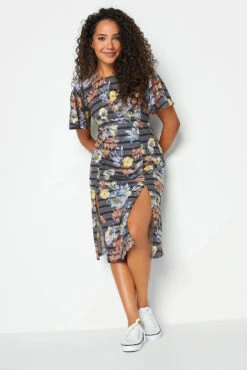 M&Co Grey Floral Stripe Angel Sleeve Split Hem Midi Dress