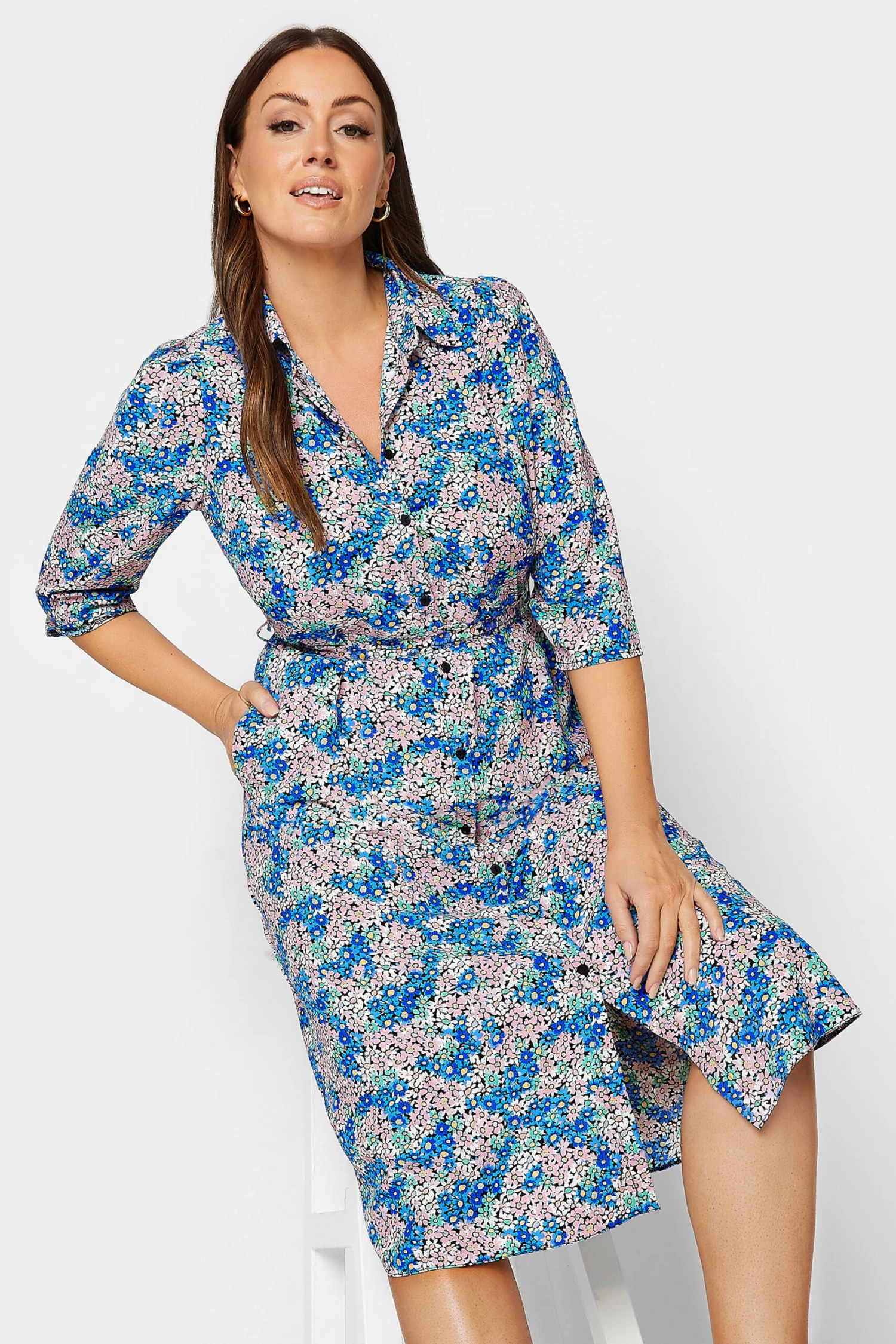 M&Co Blue Ditsy Floral Tie Belt Dress 2 M&Co Blue Ditsy Floral Tie Belt Dress - Image 2