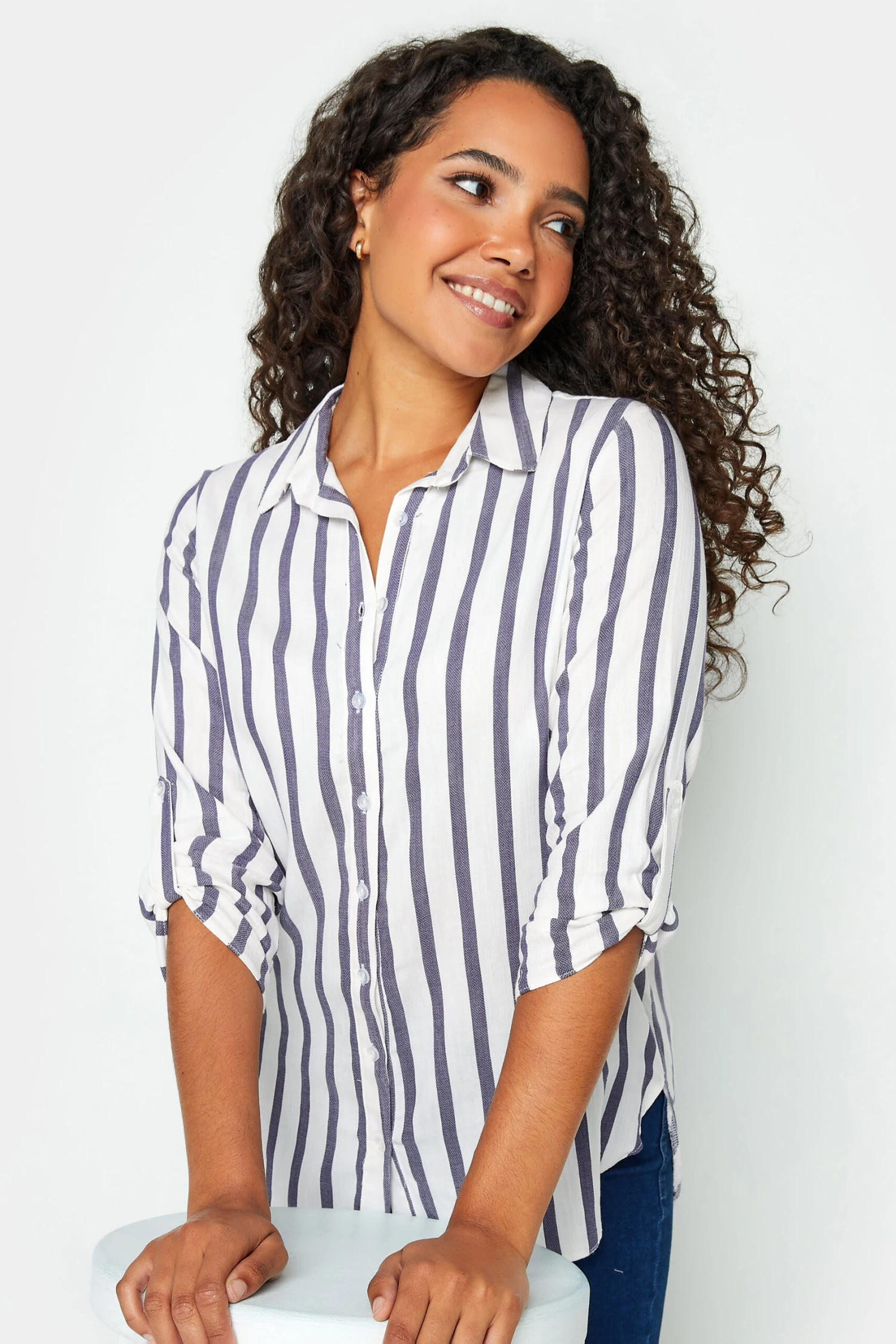 M&Co White Stripe Tab Sleeve Shirt 4 M&Co White Stripe Tab Sleeve Shirt - Image 4