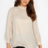 M&Co Beige Brown Keyhole Back High Neck Blouse