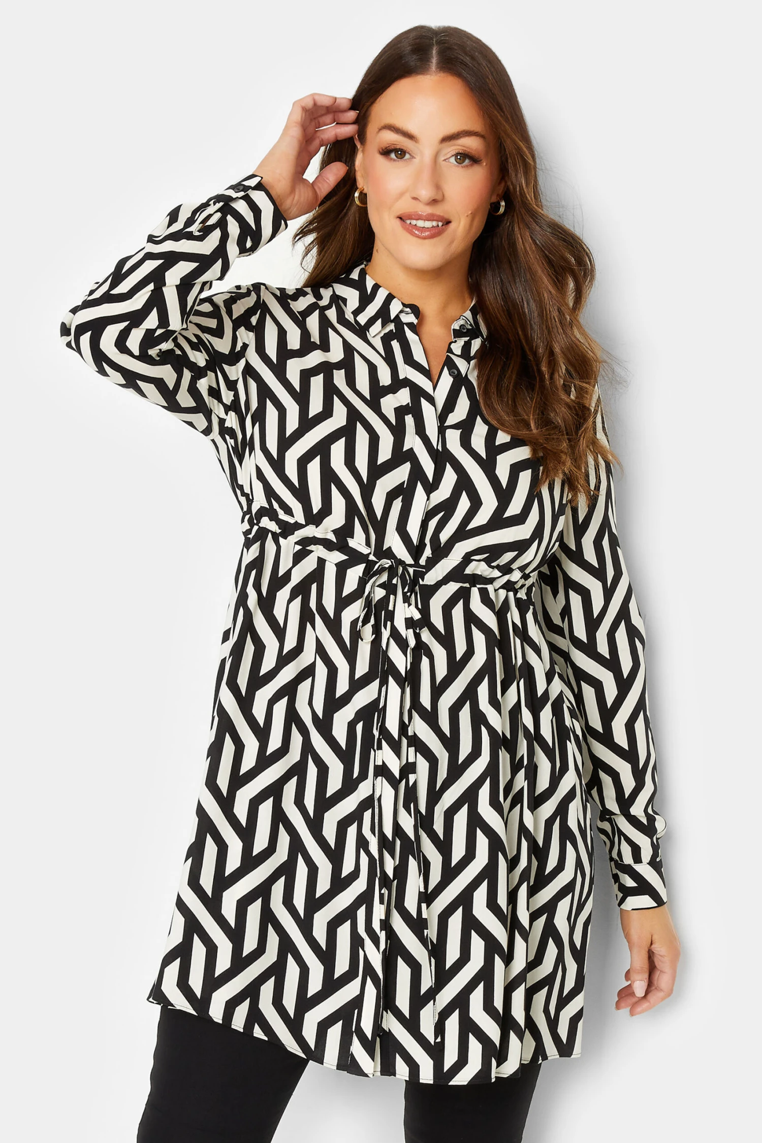 M&Co Black & White Geometric Print Tie Waist Tunic Shirt 1 M&Co Black & White Geometric Print Tie Waist Tunic Shirt