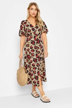 M&Co Natural Brown & Red Animal Print Midi Button Through Tea Dress