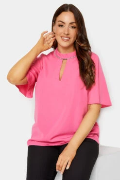 M&Co Hot Pink Embellished Neck Keyhole Blouse