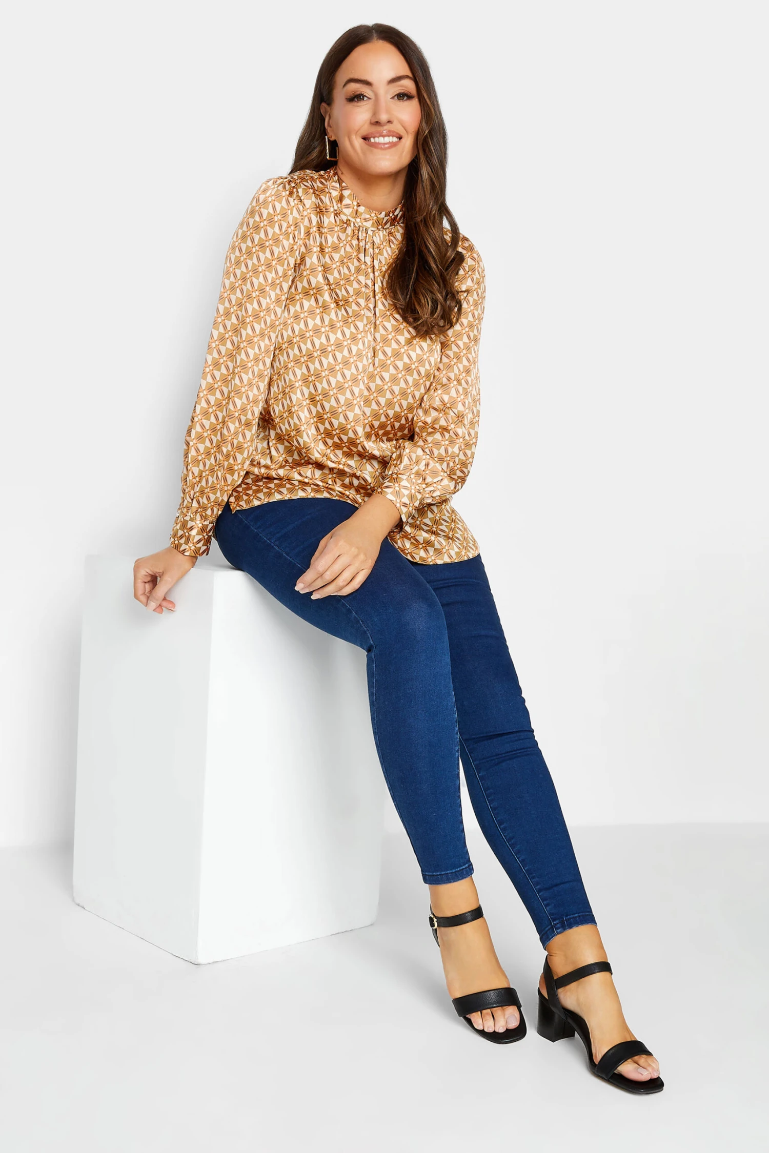 M&Co Orange Geometric Print High Neck Satin Blouse 2 M&Co Orange Geometric Print High Neck Satin Blouse - Image 2