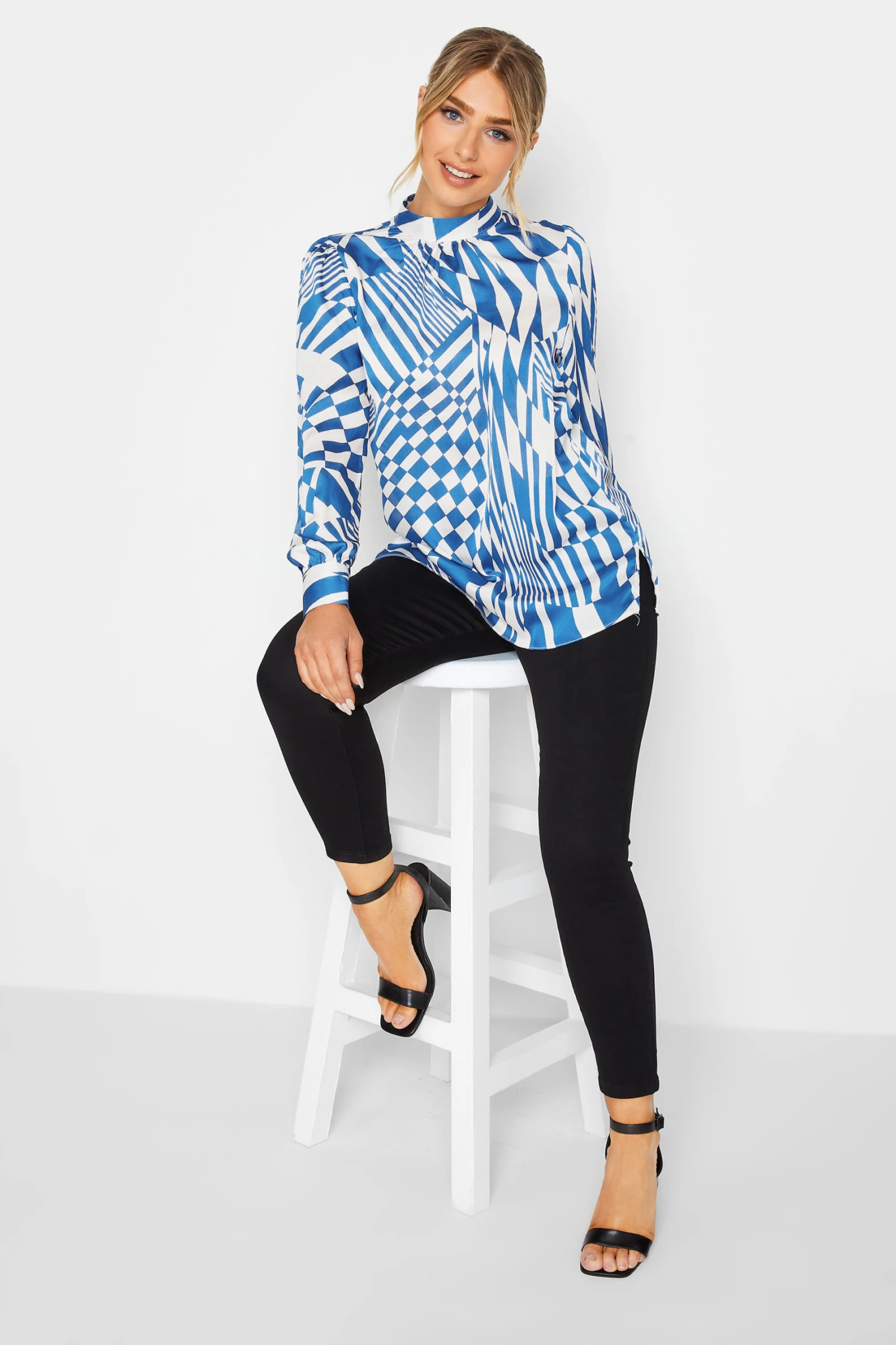 M&Co Blue Abstract Print High Neck Satin Blouse 2 M&Co Blue Abstract Print High Neck Satin Blouse - Image 2