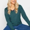 M&Co Teal Blue Stripe V-Neck Long Sleeve Cotton T-Shirt