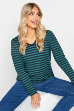 M&Co Teal Blue Stripe V-Neck Long Sleeve Cotton T-Shirt