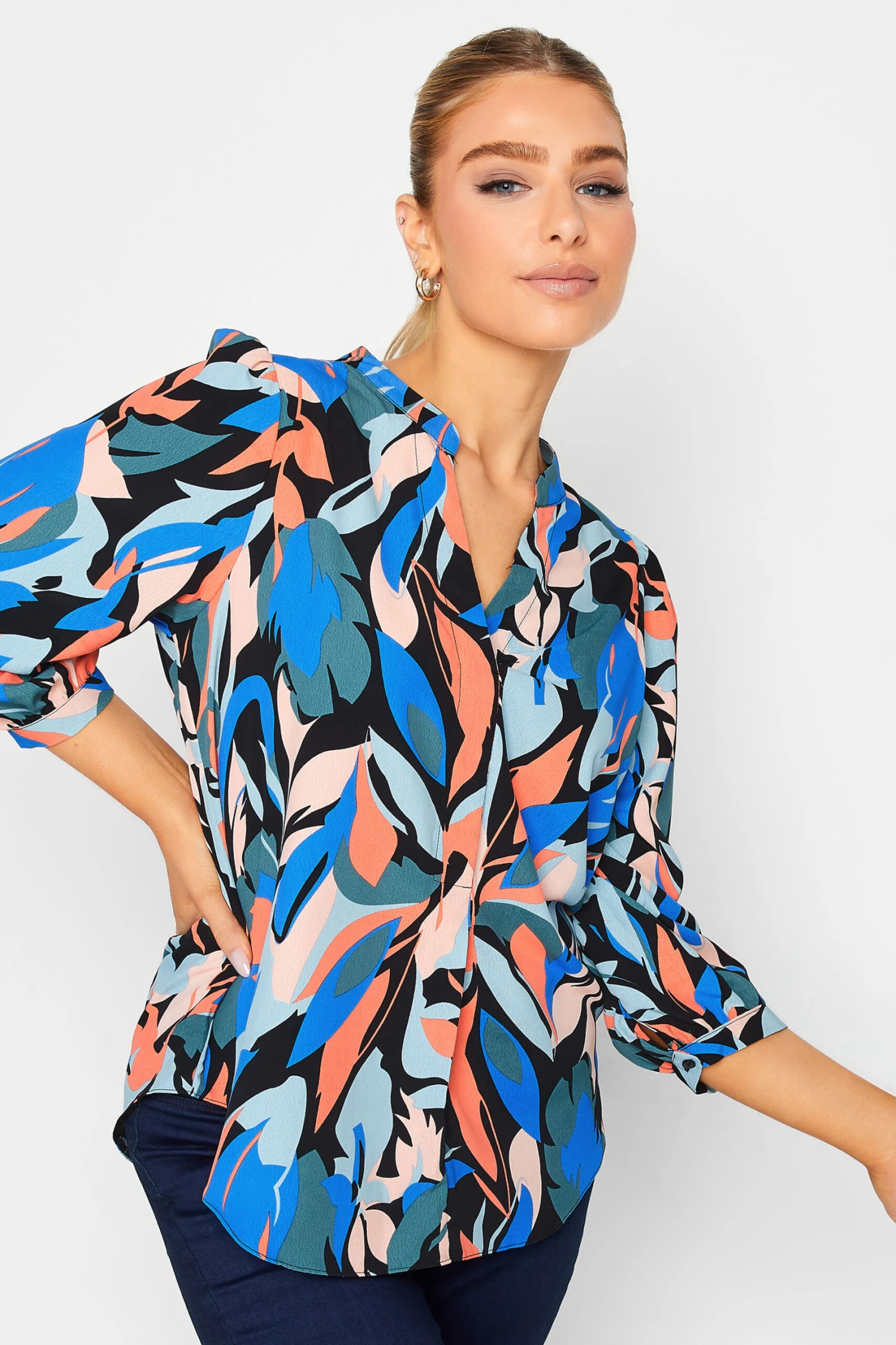 M&Co Black Leaf Print Half Placket Shirt 1 M&Co Black Leaf Print Half Placket Shirt