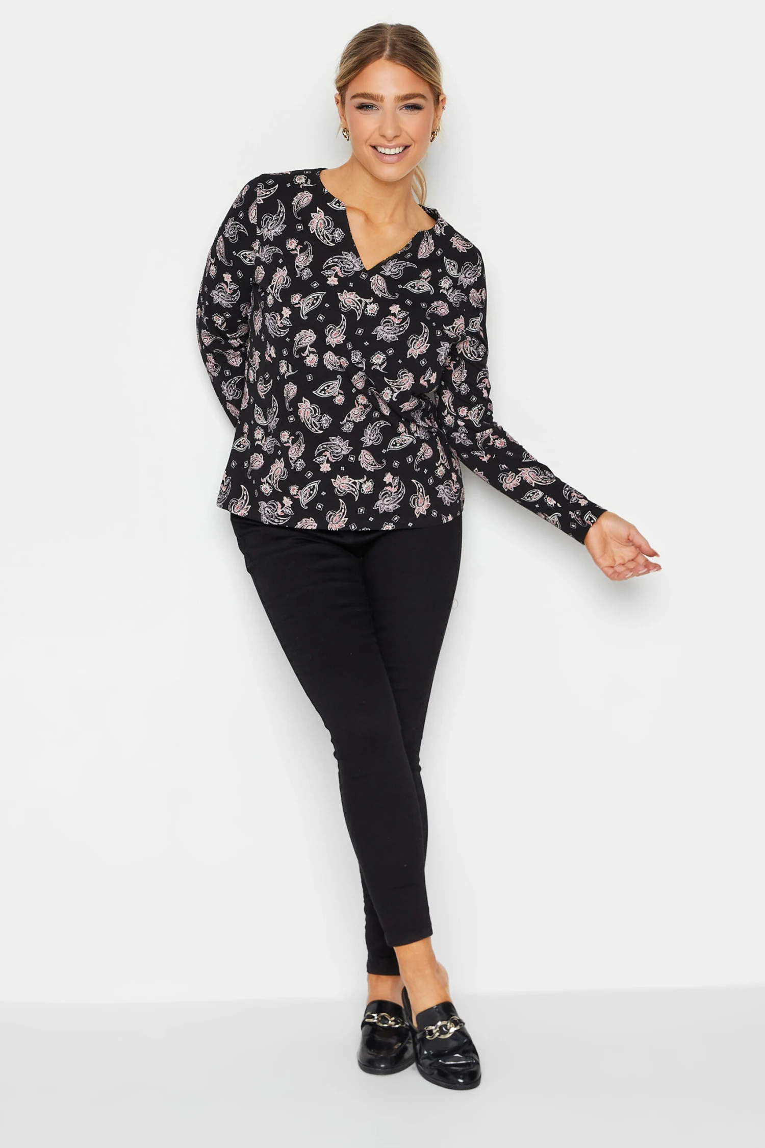 M&Co Black Paisley Print Notch Neck Cotton T-Shirt 2 M&Co Black Paisley Print Notch Neck Cotton T-Shirt - Image 2