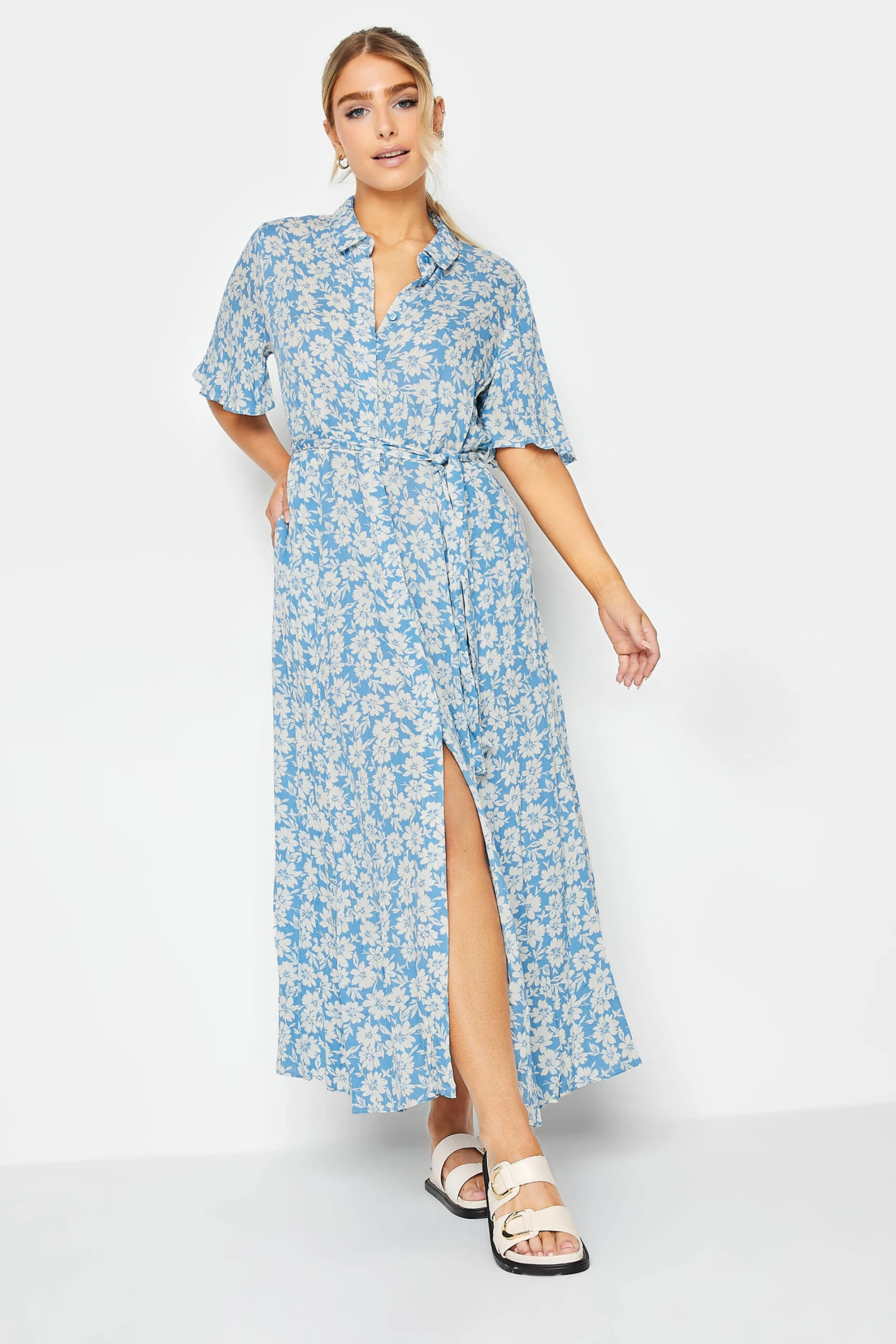 M&Co Light Blue Floral Print Maxi Shirt Dress 3 M&Co Light Blue Floral Print Maxi Shirt Dress - Image 3