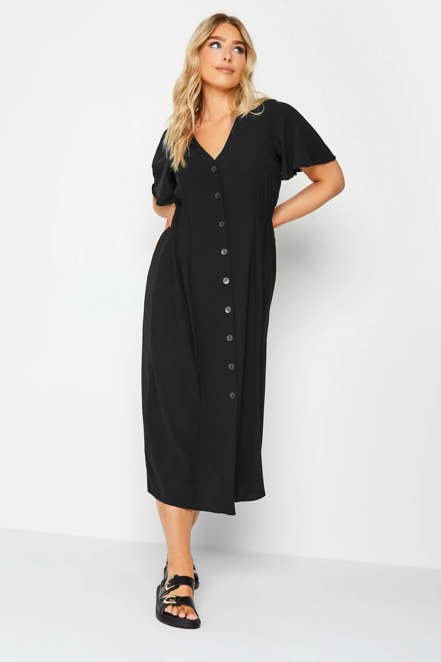 M&Co Black Shirred Waist Button Through Midi Dress 2 M&Co Black Shirred Waist Button Through Midi Dress - Image 2