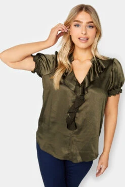 M&Co Khaki Green Frill Satin Blouse
