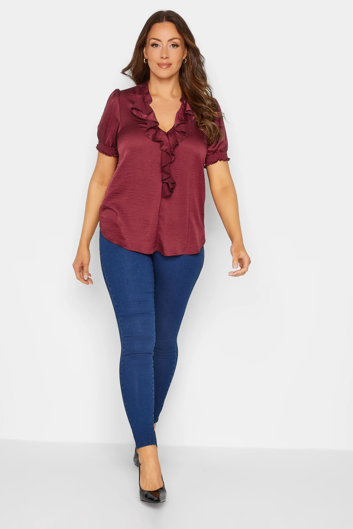 M&Co Burgundy Red Frill Satin Blouse 2 M&Co Burgundy Red Frill Satin Blouse - Image 2