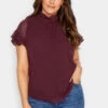 M&Co Dark Red High Neck Frill Sleeve Blouse