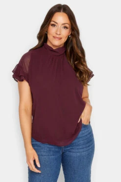 M&Co Dark Red High Neck Frill Sleeve Blouse