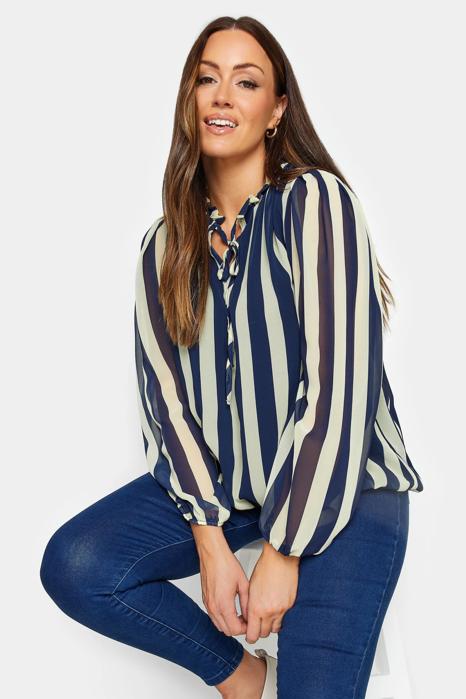 M&Co Blue Stripe Tie Neck Blouse 1 M&Co Blue Stripe Tie Neck Blouse