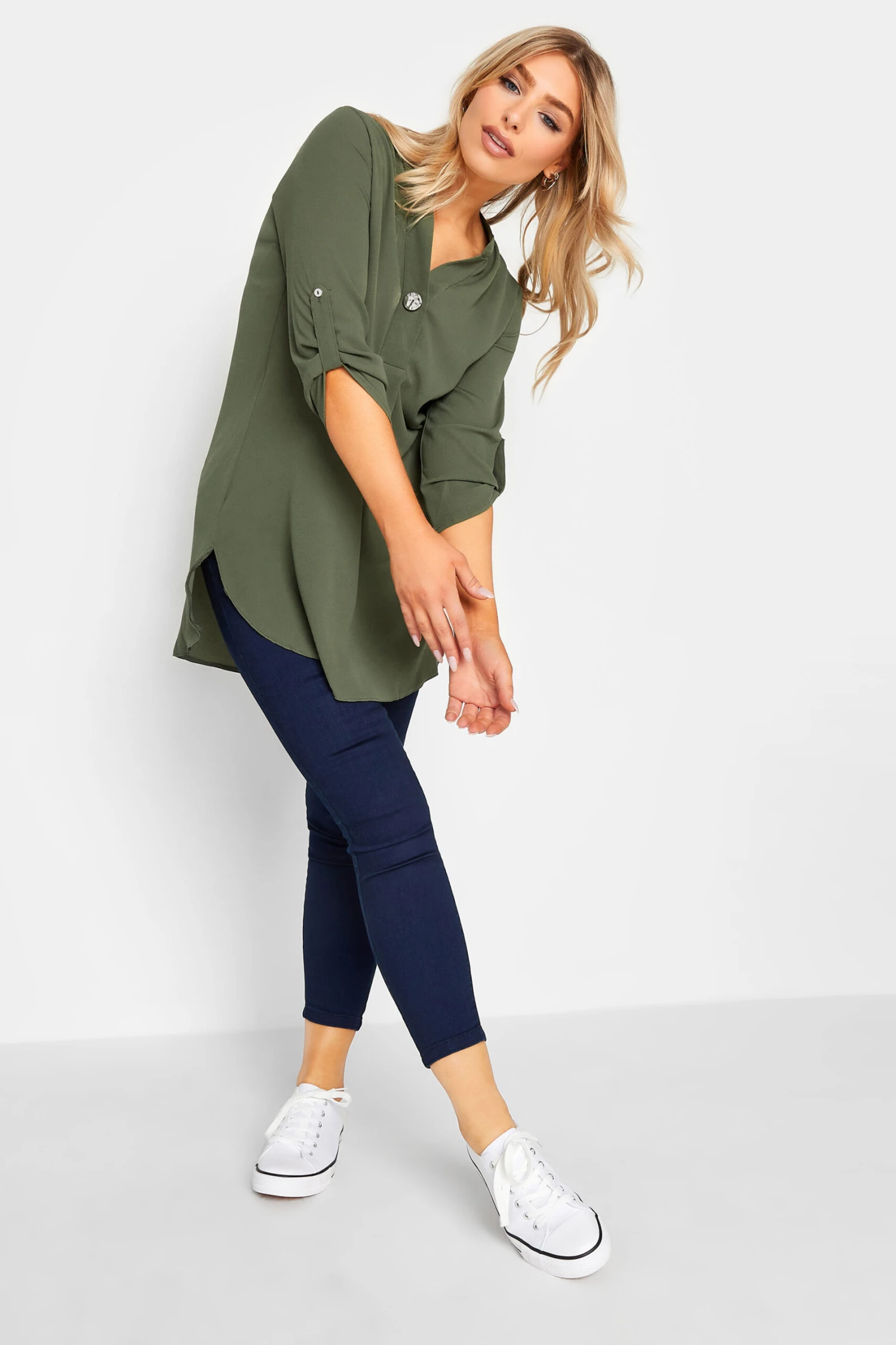 M&Co Khaki Green Statement Button Tab Sleeve Shirt 2 M&Co Khaki Green Statement Button Tab Sleeve Shirt - Image 2