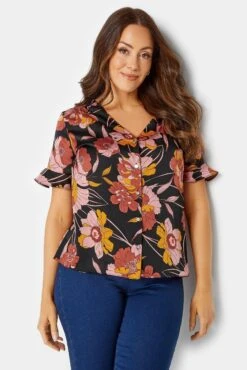 M&Co Black Floral Print Frill Sleeve Blouse