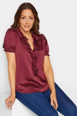 M&Co Burgundy Red Frill Satin Blouse