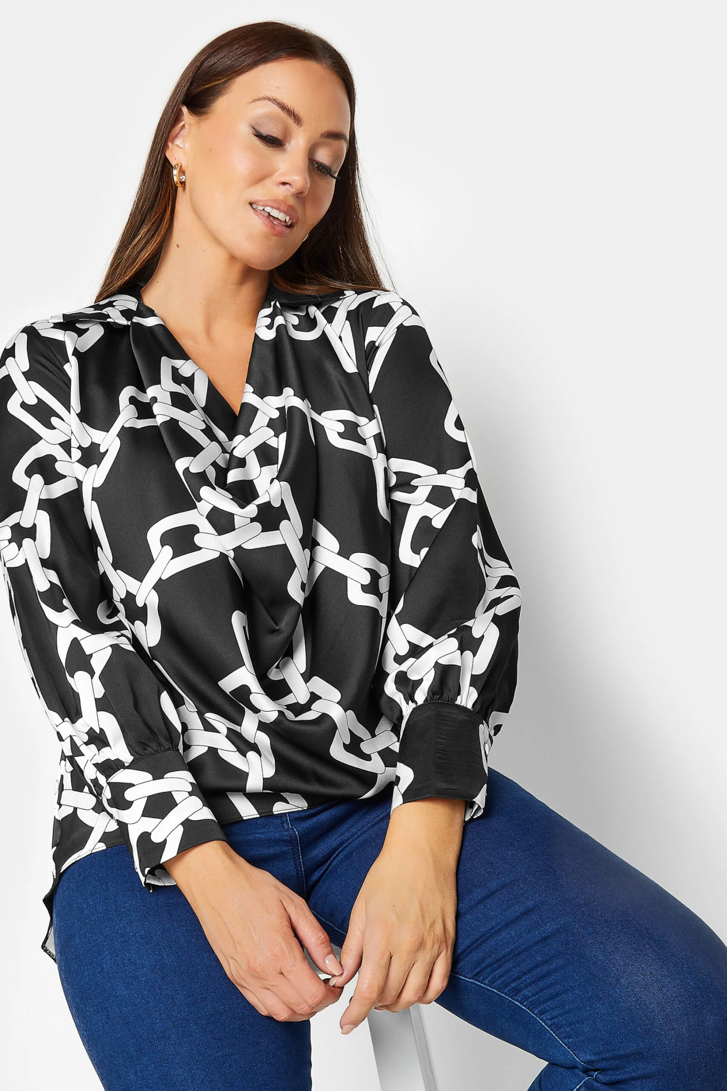 M&Co Black Chain Print Cowl Neck Satin Blouse 4 M&Co Black Chain Print Cowl Neck Satin Blouse - Image 4