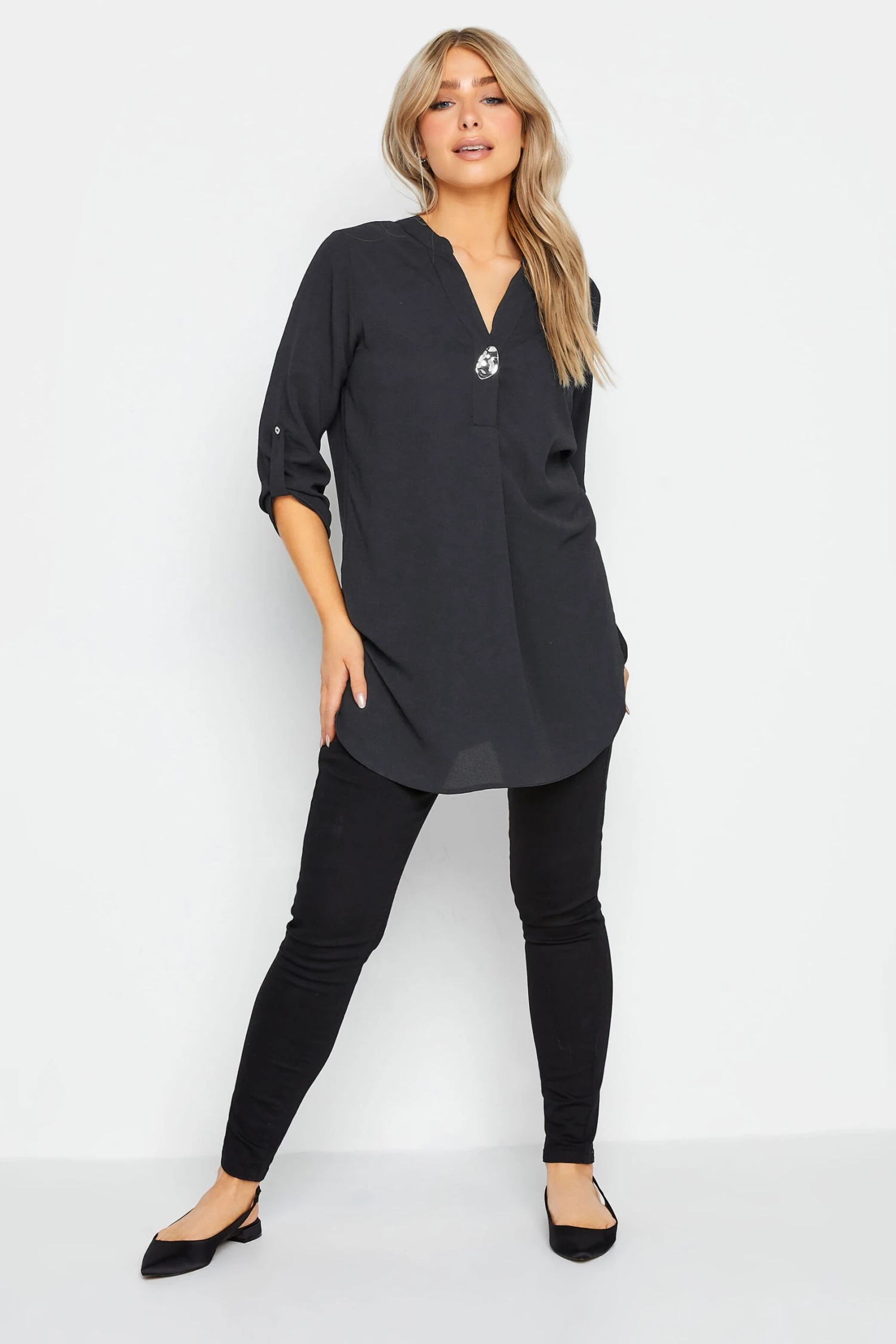 M&Co Black Statement Button Tab Sleeve Shirt 2 M&Co Black Statement Button Tab Sleeve Shirt - Image 2