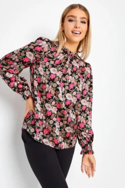 M&Co Black Floral Print Frill Neck Blouse