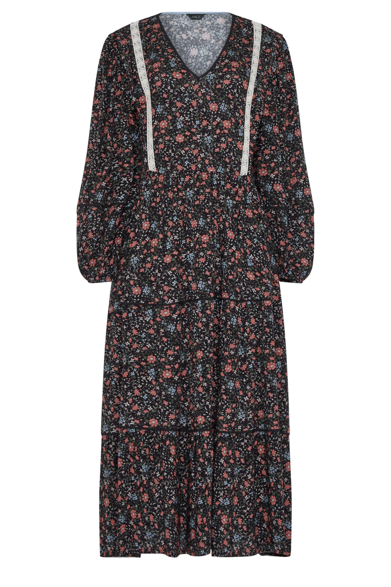 M&Co Black Floral Print Crochet Trim Maxi Dress 7 M&Co Black Floral Print Crochet Trim Maxi Dress - Image 7