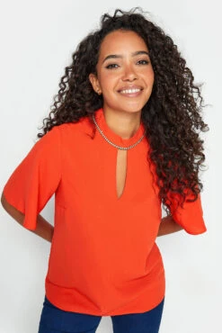 M&Co Red Keyhole Sequin Blouse