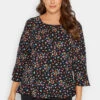 M&Co Black Floral Print Frill Hem Top