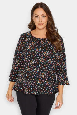 M&Co Black Floral Print Frill Hem Top