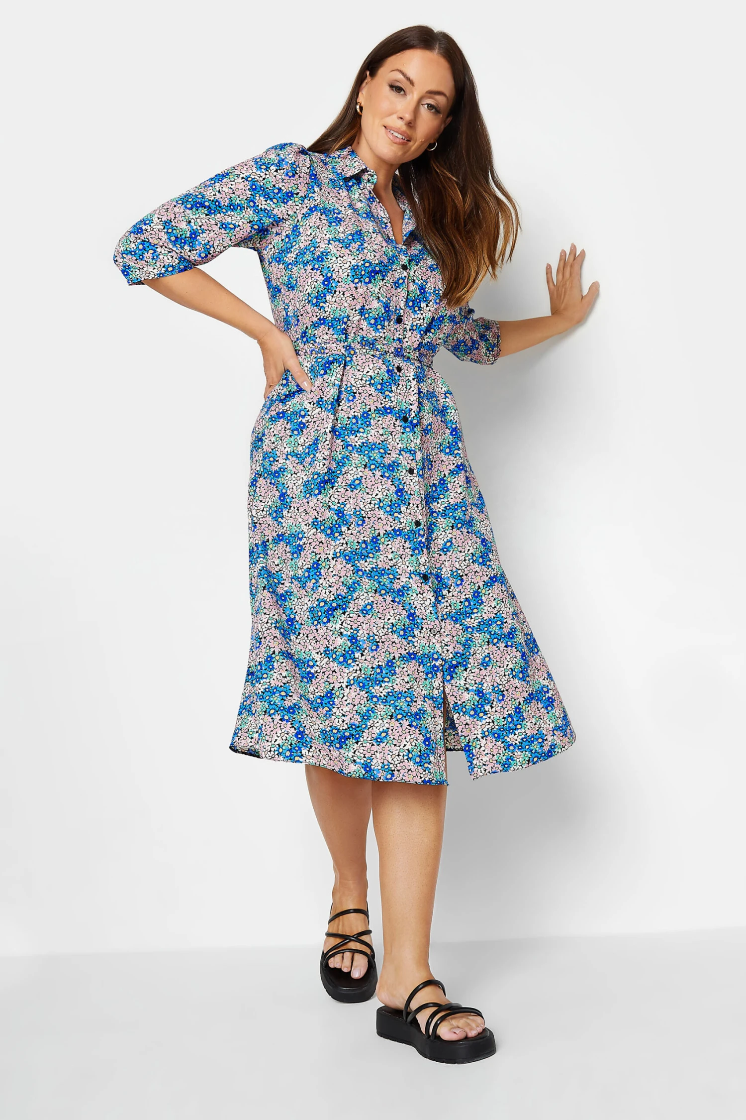 M&Co Blue Ditsy Floral Tie Belt Dress 1 M&Co Blue Ditsy Floral Tie Belt Dress